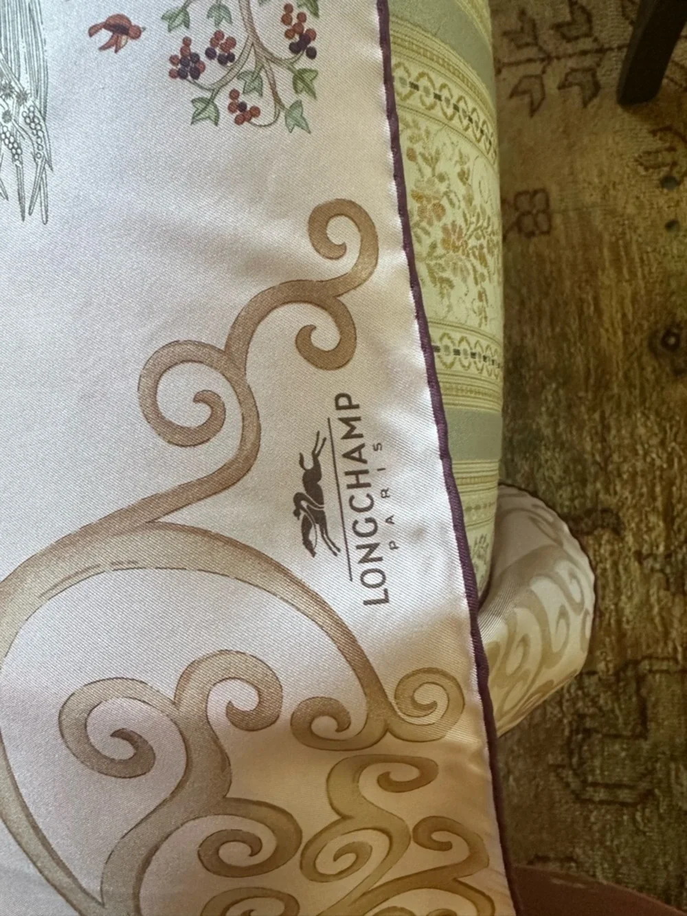 Longchamp Silk Scarf with Sunburst and Floral Motif in Cream, Gold, Brown, Green - Picture 3 of 3
